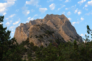Evergreen trees and Crimean rocks under a cloudy sky