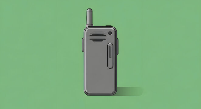 A minimalist, 3D rendered illustration of a gray walkie-talkie with an antenna against a solid green background.