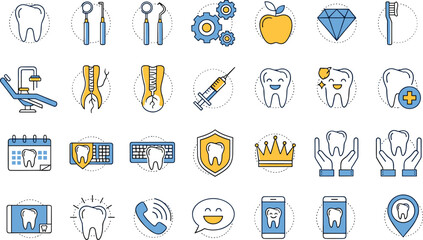 Dental care icons, tooth hygiene, dentist tools, oral health symbols, flat vector, modern style, medical illustration, clean design, blue yellow theme