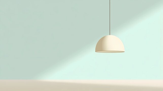 Minimal whrite hanging lamp casting warm light on pastel background
