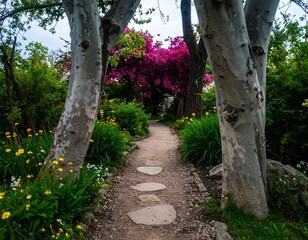Path through a vibrant garden, lined with trees and flowers