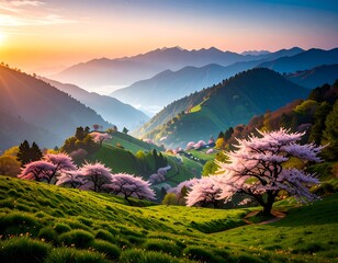 Sunrise over a valley with cherry blossoms. Lush green hills and mountains in the background, bathed in golden light