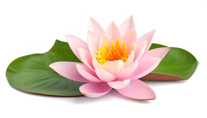 Pink lotus flower on green leaves