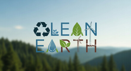 Inspiring 'Clean Earth' message with nature icons over a serene mountain landscape
