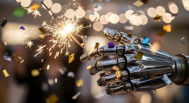 AI New Year Robot hand holding sparkler, confetti falling around.