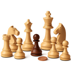 Chess Pieces Including King Queen Rook Knight and Pawns with a Copper Coin Keywords: chess, game, strategy, board isolated on a transparent background