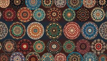 Ornate circular patterns in various colors