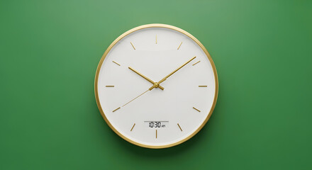 A modern minimalist wall clock with a gold frame and hands on a white face, centered on a plain green background.