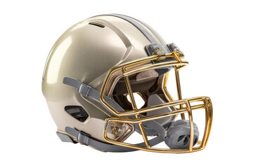 Fototapeta premium Gold-toned football helmet, angled view. Shiny, modern design
