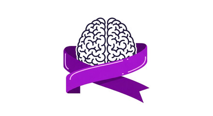 Purple ribbon wraps around stylized brain symbolizing awareness and support for neurological conditions