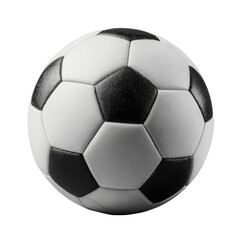 A black and white soccer ball,  perfectly round,  showing stitched panels