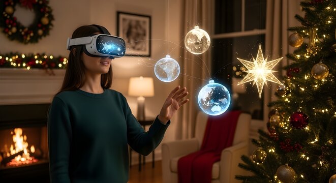 Augmented Reality Christmas Person wearing AR headset seeing holographic ornaments floating in room.