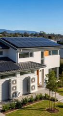Modern house with solar panel rooftop and multiple air conditioning units. Energy efficient home design with alternative energy sources.