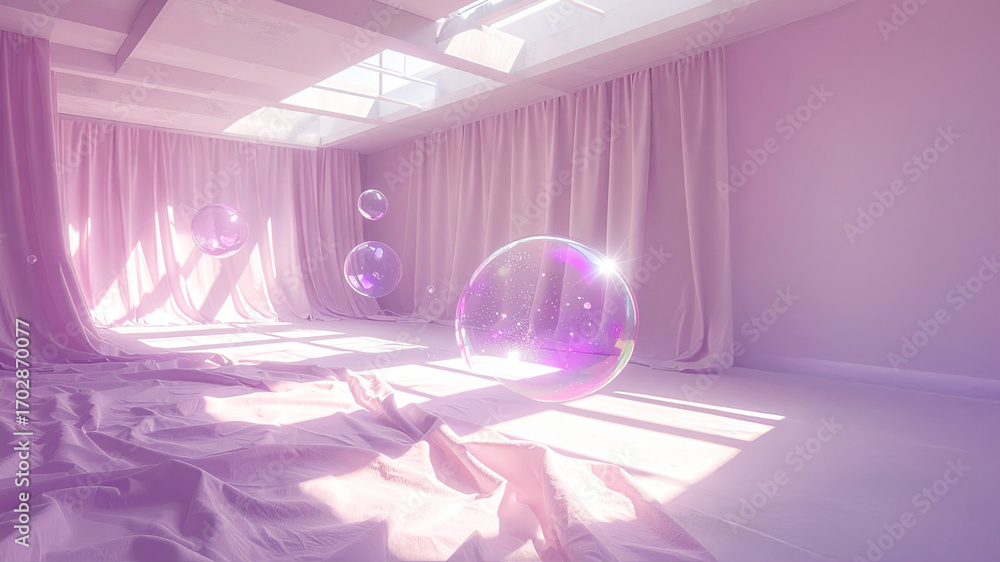 Poster a whimsical and serene room rendered in soft pink, filled with flowing curtains and illuminated by n