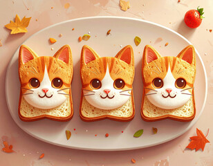 Fototapeta premium Cute cat-shaped toasts decorated with adorable faces served on a white plate with autumn leaves and a strawberry.