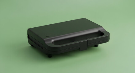 A closed black sandwich maker with a handle on a light green surface.