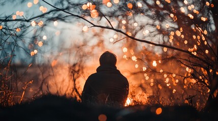 Person by campfire night