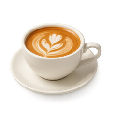 Latte with heart art in white cup and saucer — warm creamy coffee