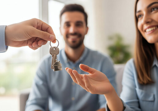 Real Estate Agent Hands House Keys to Happy Couple Symbolizing Homeownership and New Beginning