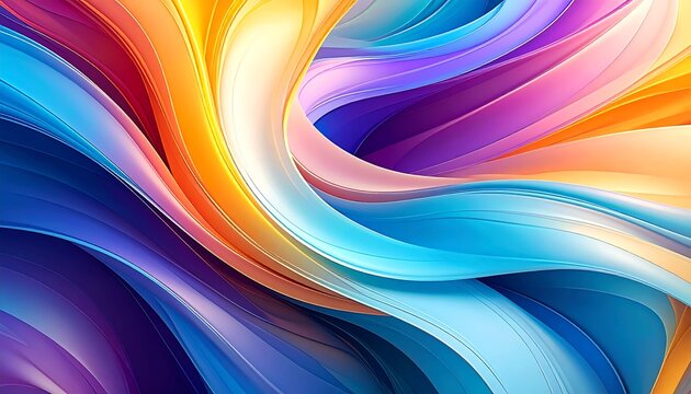 Vibrant, flowing abstract art with layered ribbons in a spectrum of colors, from deep blue to fiery orange, creating a dynamic swirl