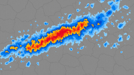 Linear rainband on weather radar map illustration showing extreme weather and disaster prevention