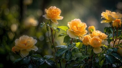 Beautiful Yellow Roses in Morning Light with Dew Drops on Petals