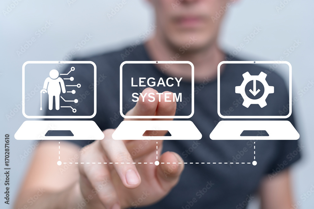 Poster legacy system business technology interoperability modernization concept. person using virtual touch