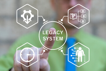 Concept of Legacy System Business Technology Interoperability Modernization. Business person using virtual touch screen presses the inscription LEGACY SYSTEM.