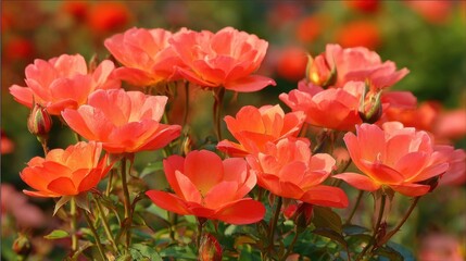 Bright Coral Roses Bathed in Morning Sunlight in a Garden Setting