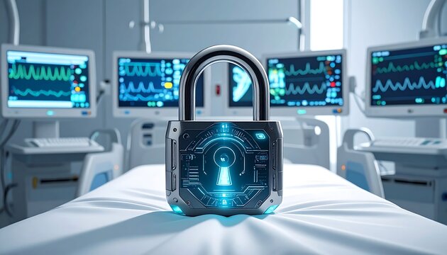 Securing patient data: Padlock symbolizing cybersecurity in healthcare tech