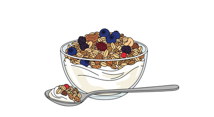 Colorful breakfast bowl illustration featuring granola, berries, and creamy yogurt on a white backdrop, healthy food sketch 150 characters
