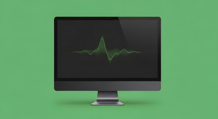 A modern computer monitor displaying a green waveform on a dark screen, set against a solid green background.