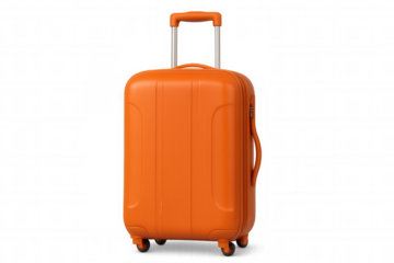 Orange rolling suitcase gliding across transparent background, signaling upcoming journey