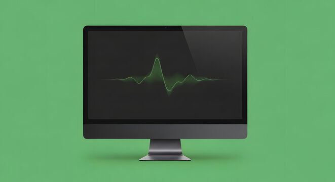 A modern computer monitor displaying a green waveform on a dark screen, set against a solid green background. - Powered by Adobe