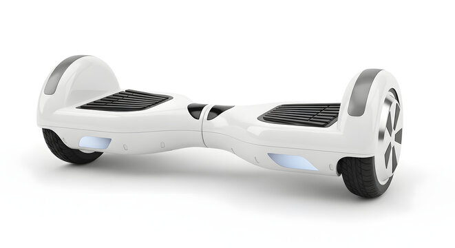 A white self-balancing electric scooter, also known as a hoverboard, is shown from a side angle on a white background.