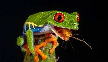 Close-up of a vibrant red-eyed tree frog, perched on a textured stem, with a small insect in its mouth