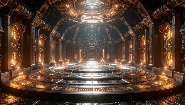 Arched Hallway with Glowing Light and Circular Platform