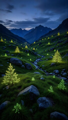 Leuchtende Bäume im alpinen Tal bei Nacht – Landschaft Wallpaper – Natur Hintergrundbild