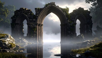 Arches Ruins Reflecting on Water with Misty Background