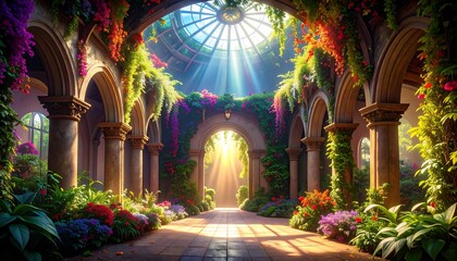 Arched Walkway with Flowers and Sunlight in Lush Garden