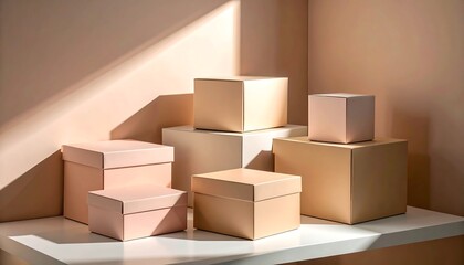 Arrangement of Assorted Boxes on Shelf in Studio Lighting