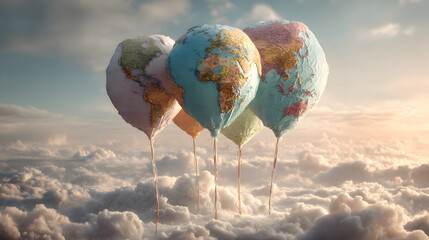 Balloons shaped like earth floating in a cloudy sky at sunrise