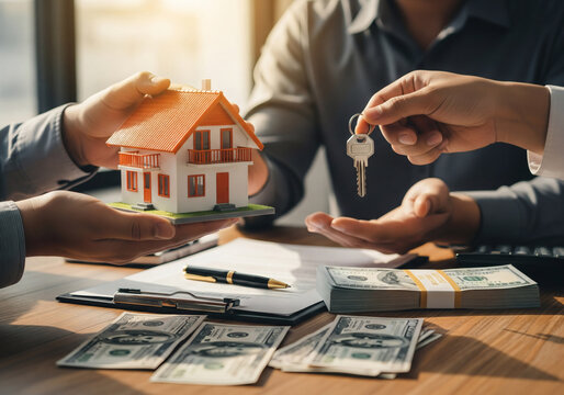 Real estate agent hands keys to new homeowner after successful house sale and contract signing