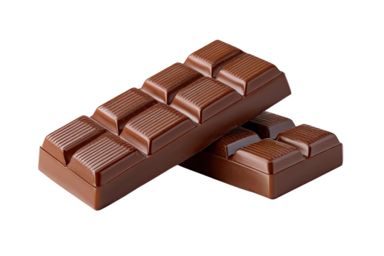 Two dark chocolate bars, side by side, overlapping slightly.  Each bar is rectangular and divided into squares.  Glossy, dark brown surface.  Isolated against black background