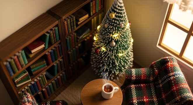 Nook Christmas Tiny library corner with mini tree, fairy lights, and steaming tea, overhead view.
