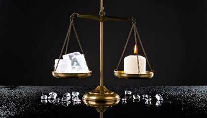 Balancing Act Ice Cubes and Candle on Scales Conceptual Still Life