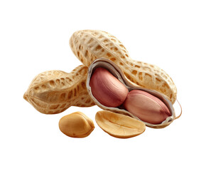 Close-up of peanuts in their shell, one split open, revealing a reddish-brown interior