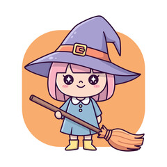 Cute Kawaii Witch with Broom and Hat Halloween Holiday Cartoon Vector