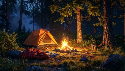 Camping under the stars: Tranquil night scenery amidst the deep forest