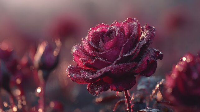 Dew-kissed Purple Rose with Sparkling Drops at Dawn in Garden